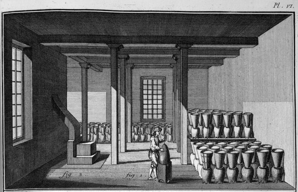 Illustration of a sugar refinery, possibly in the French Caribbean, from 1762. In this illustration, sugar is being refined. The sugar loaves are in upside-down, cone-shaped pots, which each have a hole in the bottom. Each cone-shaped pot is set with the narrow end down in another pot. The molasses would drip out of the cone-shaped pot into the round pot beneath it to make a purer sugar.