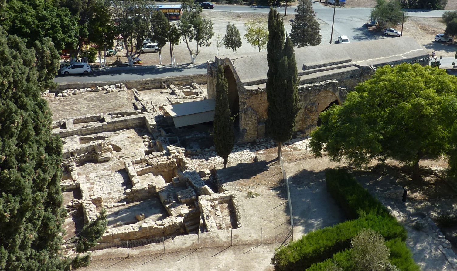 Aerial photograph of the ruins of the sugar mill at Kolossi Castle on Cyprus, dating to the mid-1400s. 