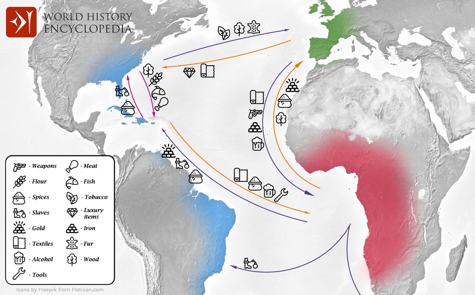 A map of the Atlantic Ocean showing trade routes among the eastern coasts of the Americas, western Europe, and the West Coast of Africa.
